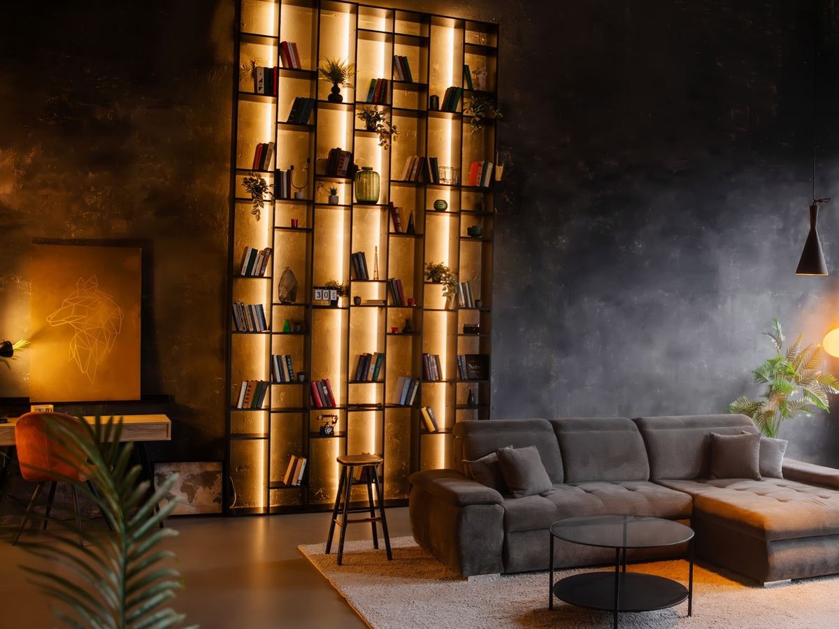 Sala Penthouse · Living cu bibliotecă de 5 m